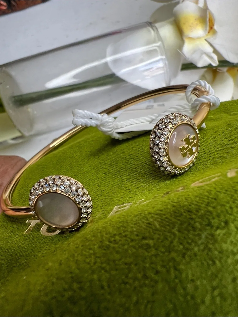 Tory Burch Gold-Tone Open Bracelet with Mother-of-Pearl and Crystal Halo